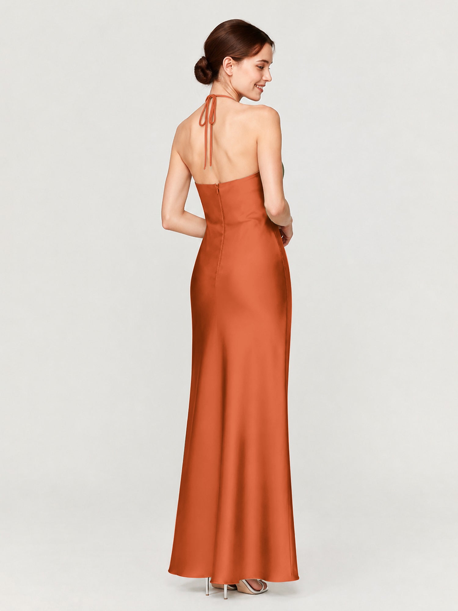 Margot Acetate Satin Halter Dress Cut Skirt Rust 2