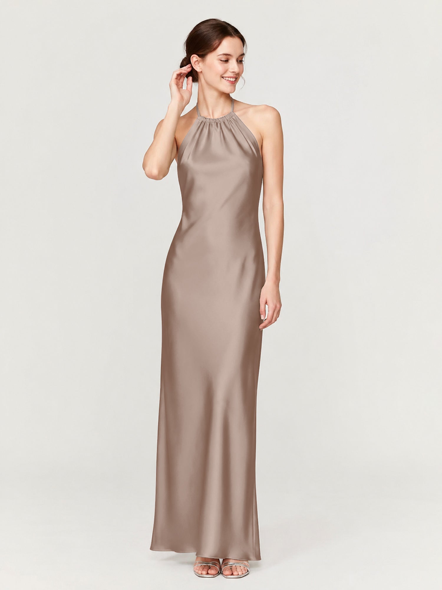Margot Acetate Satin Halter Dress Cut Skirt Taupe 1