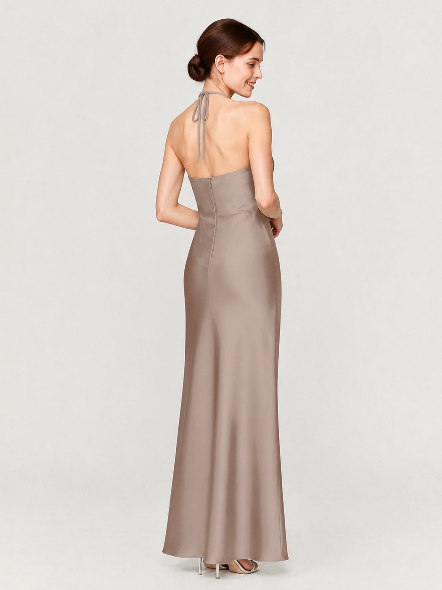 Margot Acetate Satin Halter Dress Cut Skirt Taupe 2