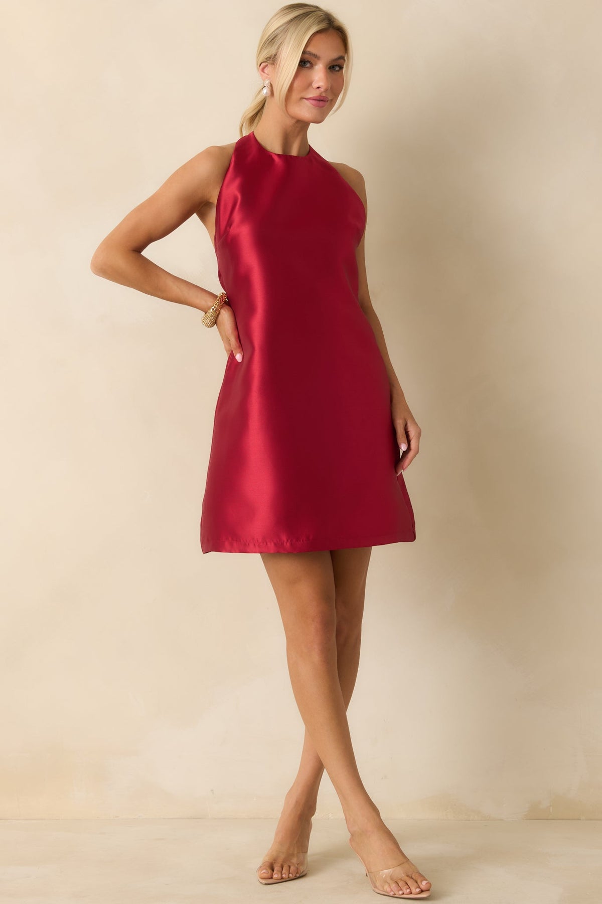 Vivienne Red Satin Halter Mini Dress Red 1