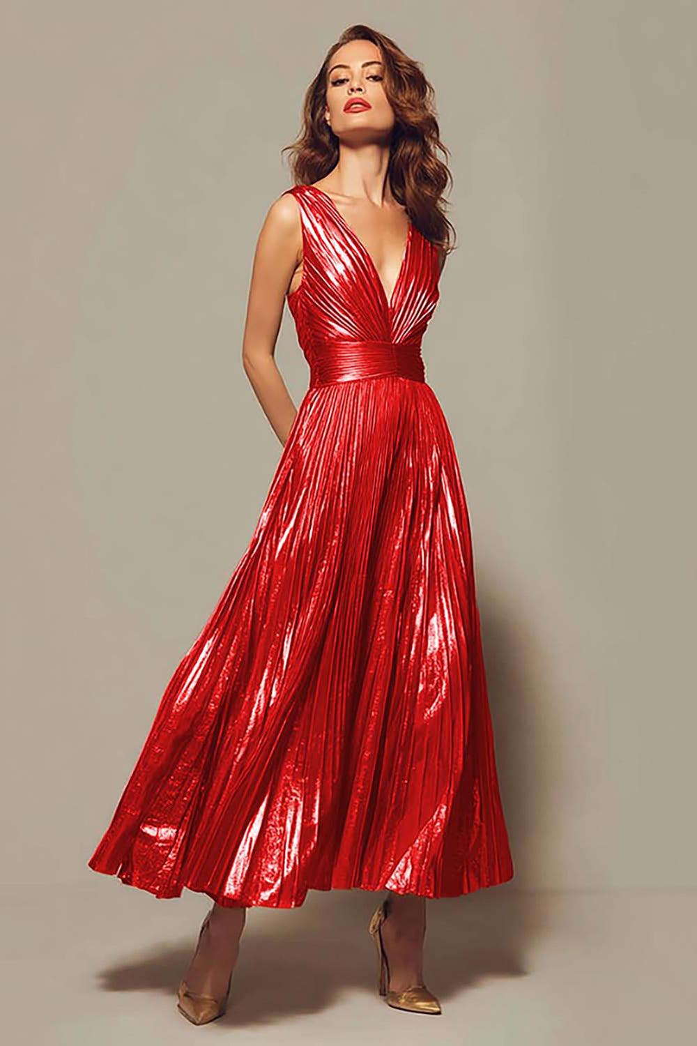 Valentina Gold Metallic Pleated Gown Silver 8