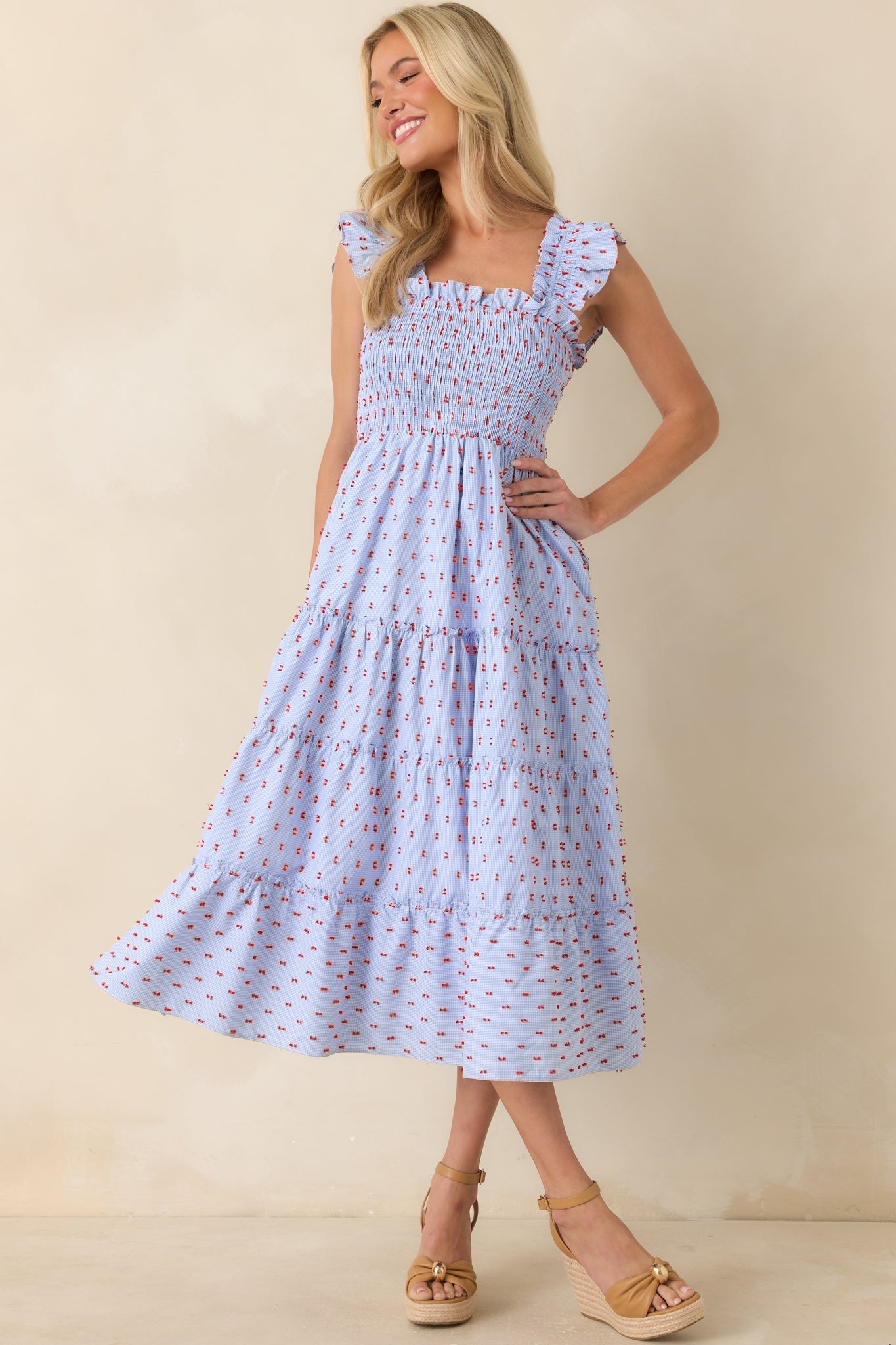 Prosperina Gingham Embroidered Midi Dress Blue 6