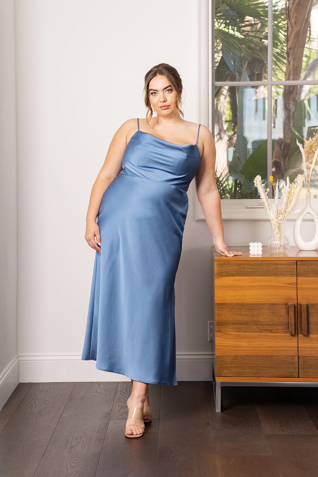Rumi Satin Slip Dress in Black Satin Rose Petal 1