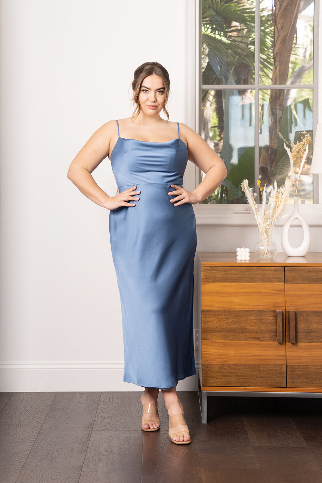 Rumi Satin Slip Dress in Black Satin Buttercup 2