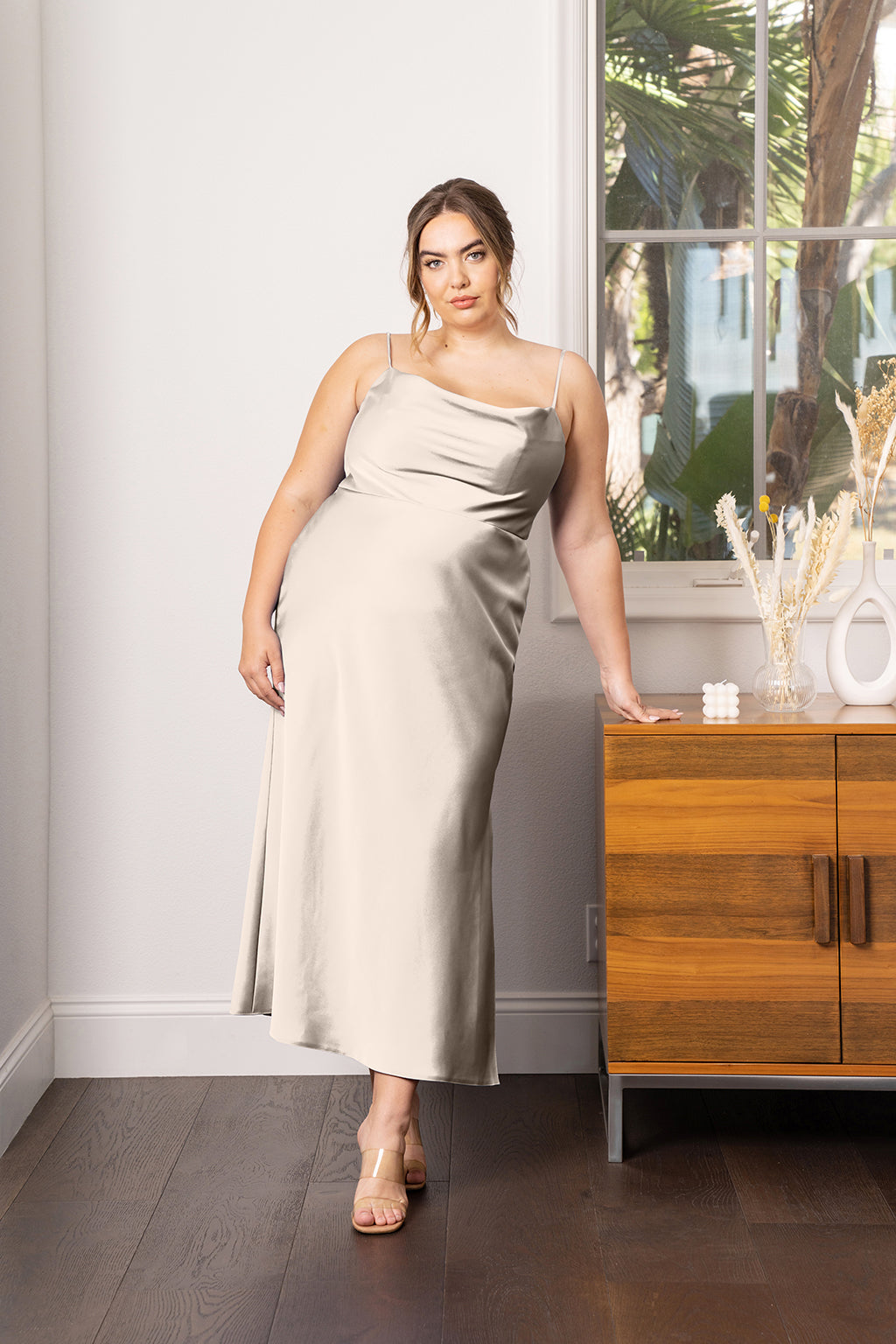 Rumi Satin Slip Dress in Black Satin Olive 7