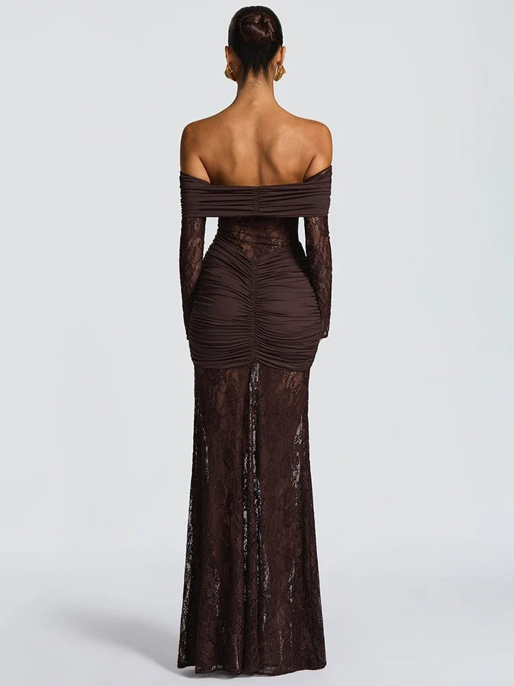 Celestine Sheer Strapless Maxi Dress Coffee Brown 2