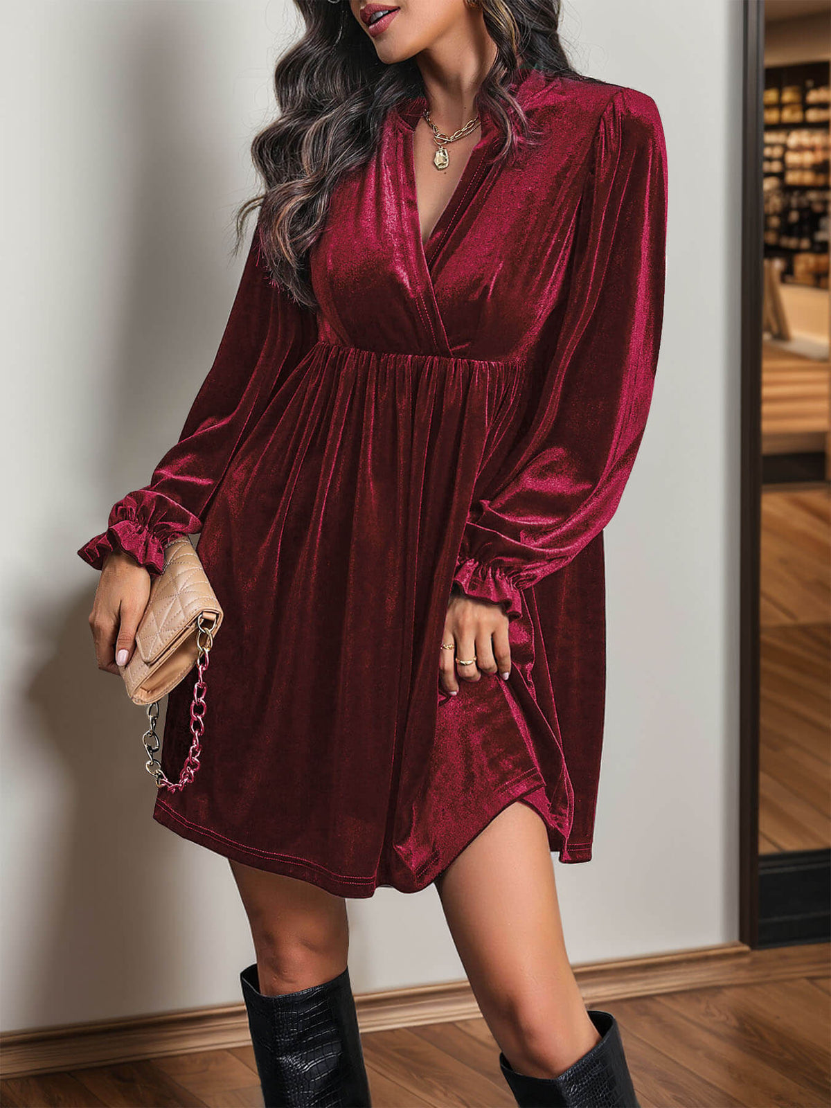 Oriel Velvet Mini Dress in Emerald Burgundy 1