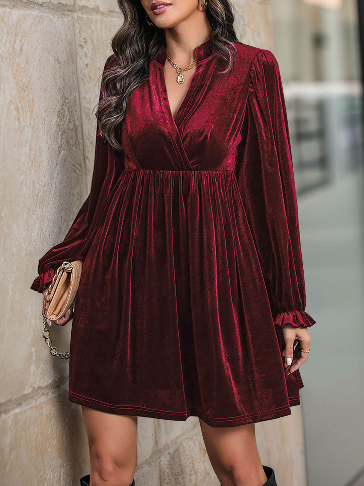 Oriel Velvet Mini Dress in Emerald Burgundy 2