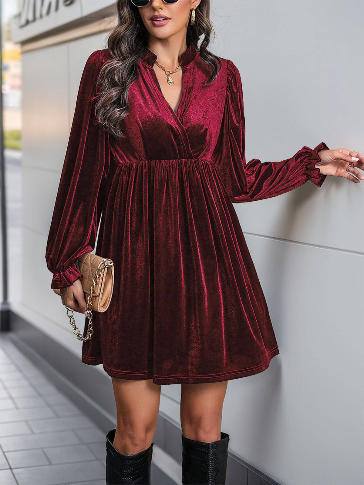Oriel Velvet Mini Dress in Emerald Burgundy 3