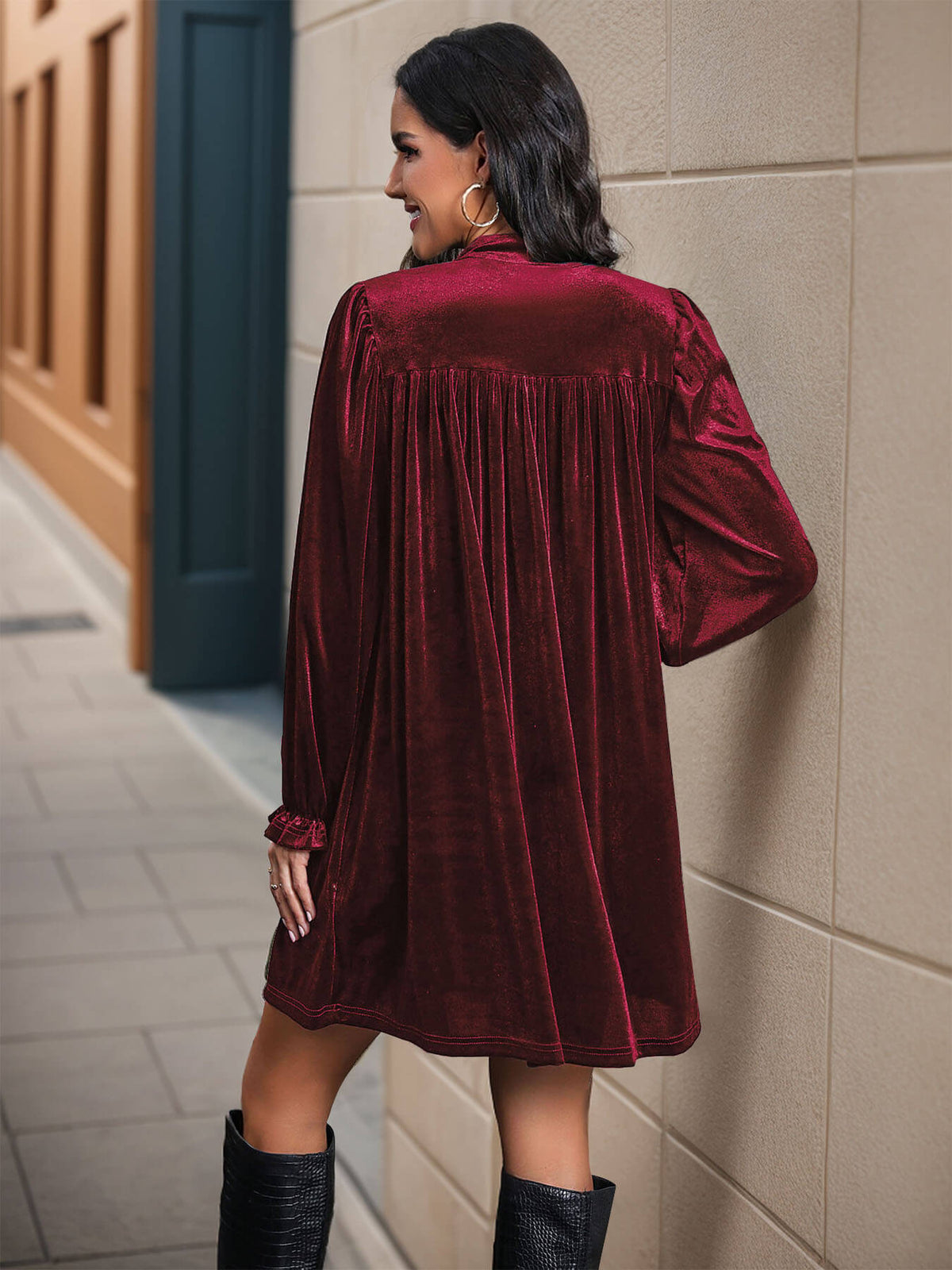 Oriel Velvet Mini Dress in Emerald Burgundy 5