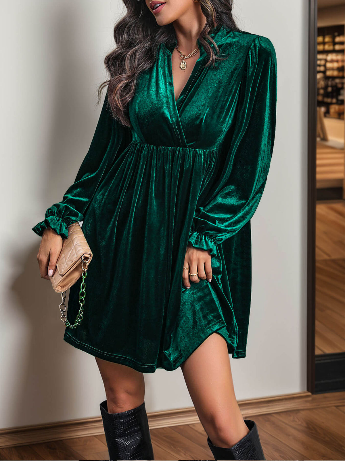 Oriel Velvet Mini Dress in Emerald Emerald 1