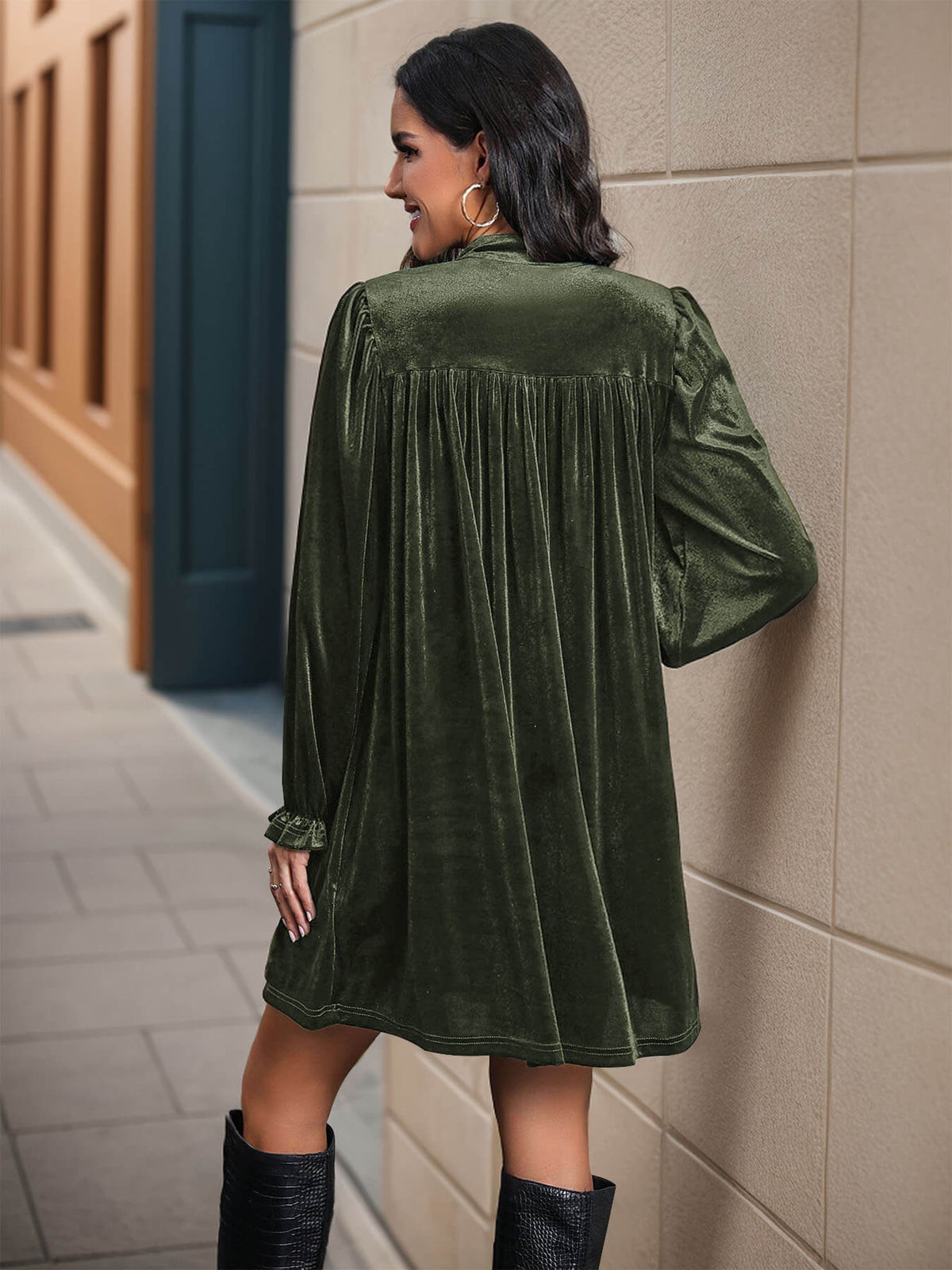 Oriel Velvet Mini Dress in Emerald Olive 5