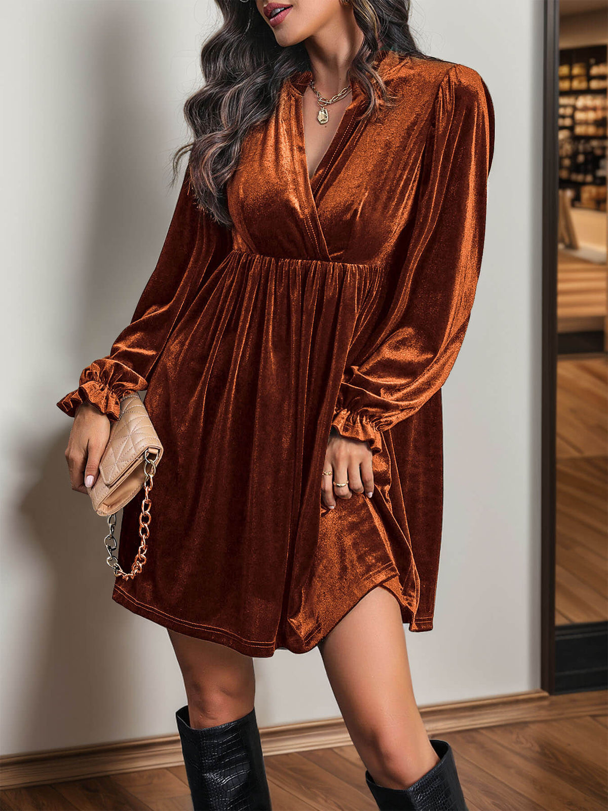 Oriel Velvet Mini Dress in Emerald Orange 2
