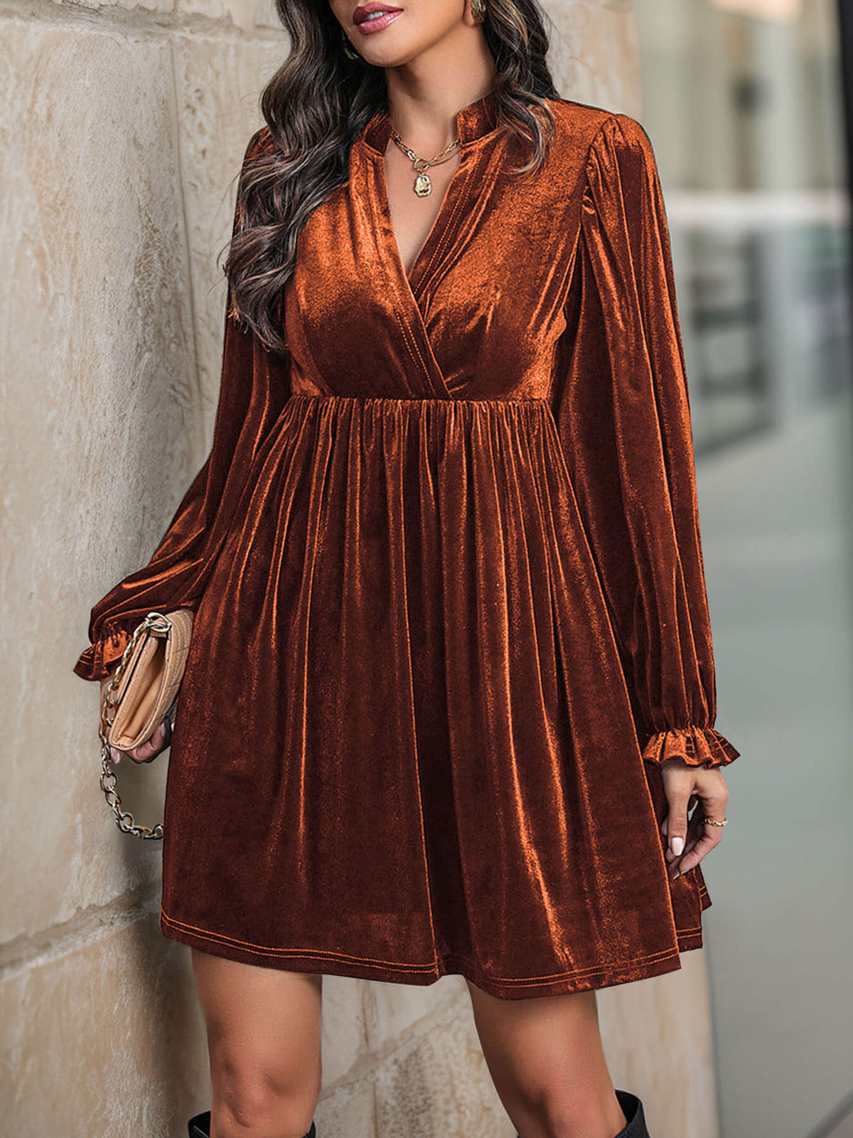 Oriel Velvet Mini Dress in Emerald Orange 3