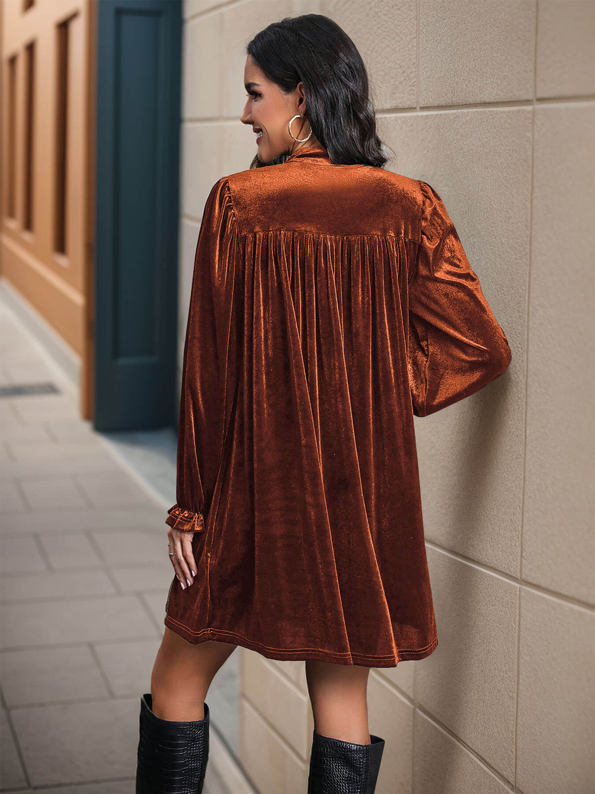 Oriel Velvet Mini Dress in Emerald Orange 5