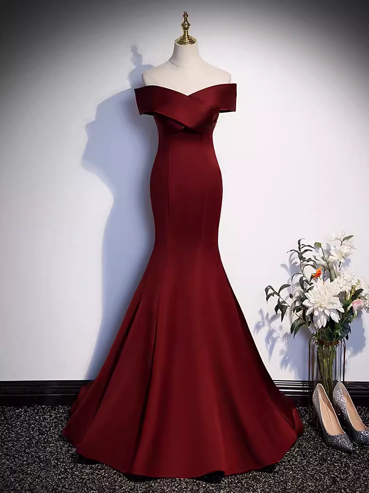 Margot A-Line Off-Shoulder Satin Gown Burgundy 3