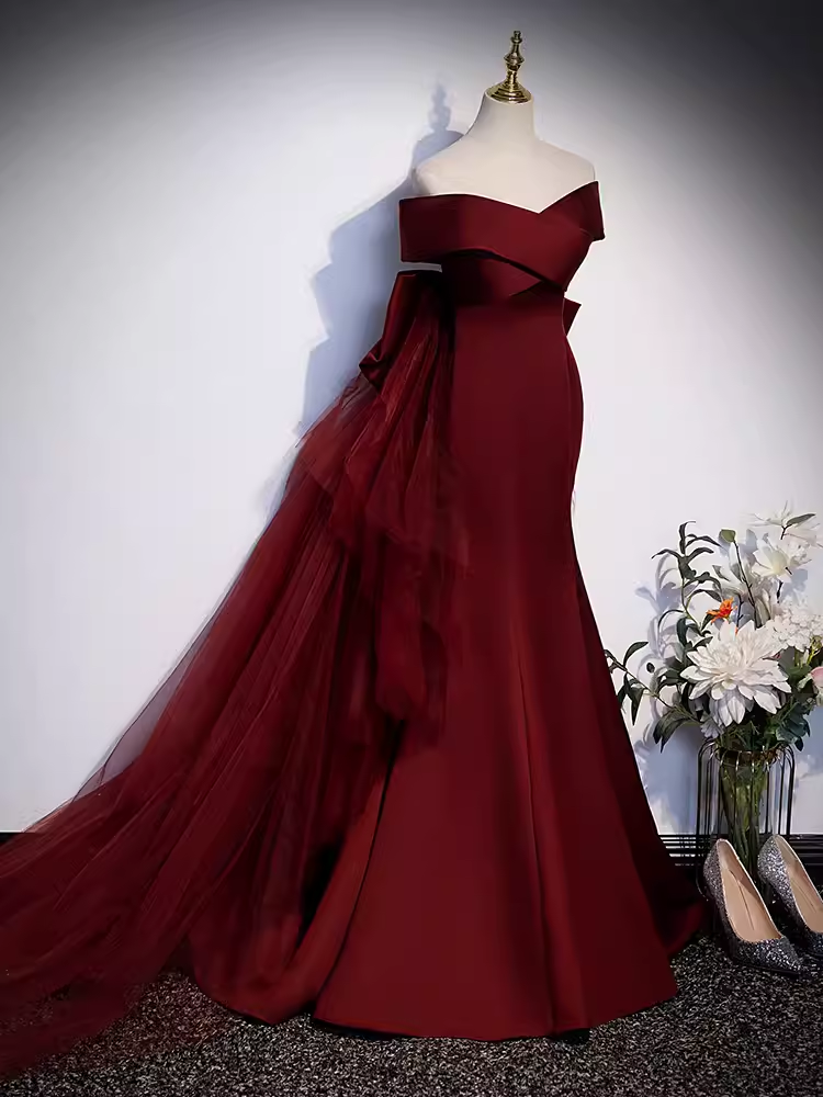Margot A-Line Off-Shoulder Satin Gown Burgundy 2