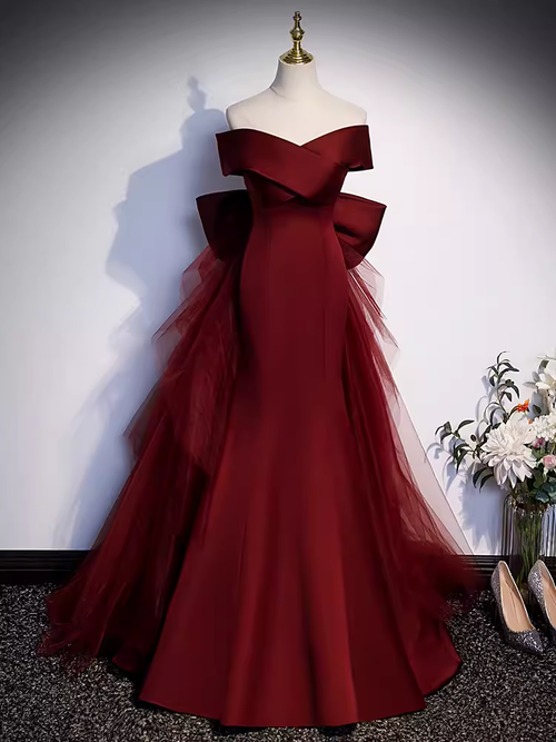 Margot A-Line Off-Shoulder Satin Gown Burgundy 1