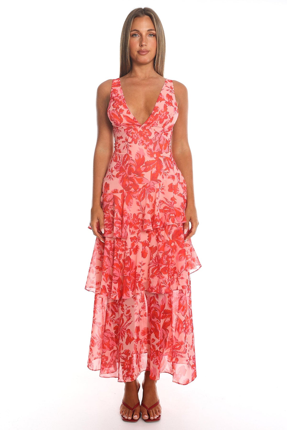 Veda Ruched Midi Dress in Red Floral Red 2