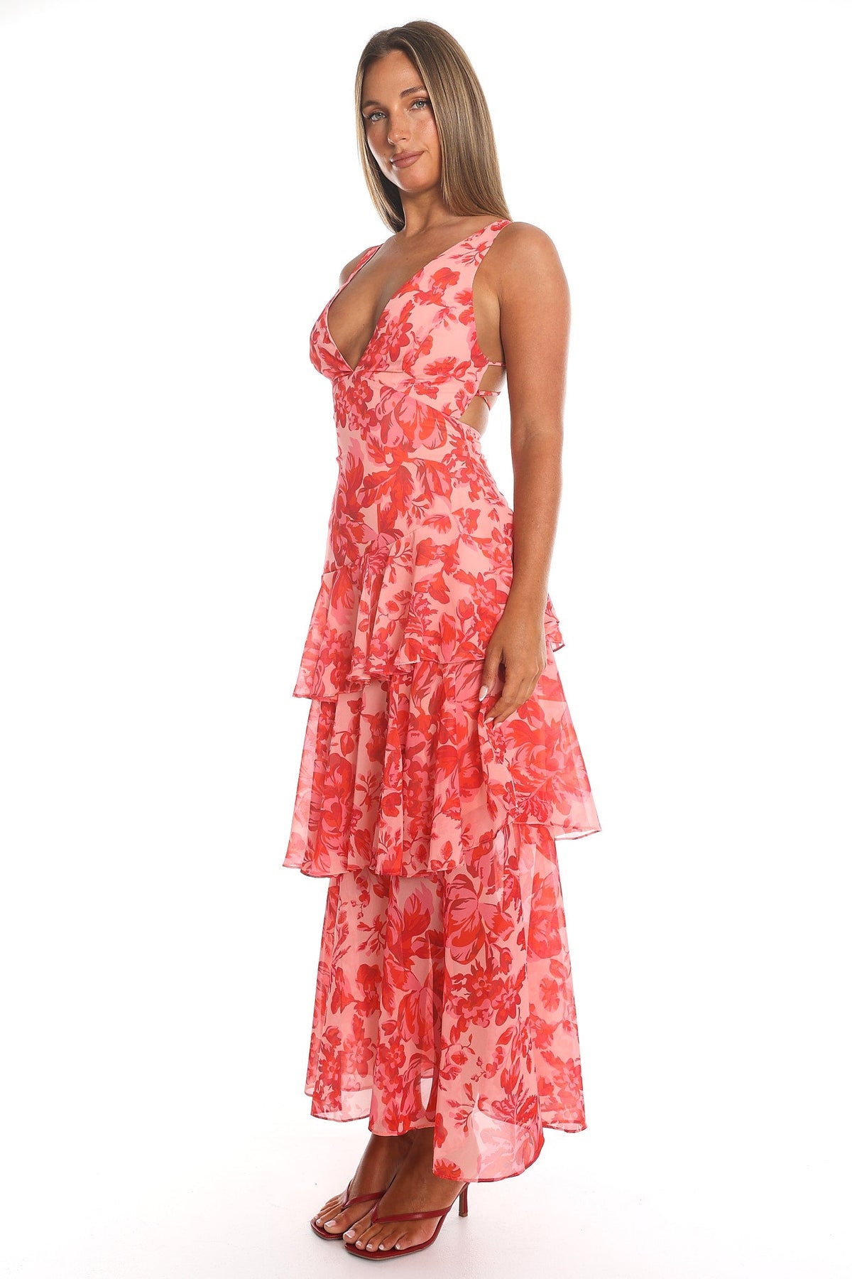 Veda Ruched Midi Dress in Red Floral Red 3