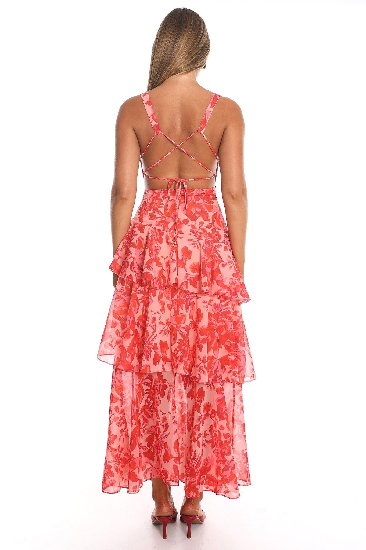 Veda Ruched Midi Dress in Red Floral Red 4