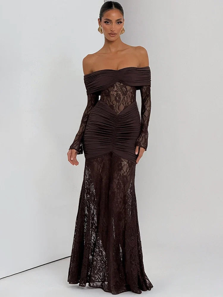Celestine Sheer Strapless Maxi Dress Coffee Brown 4