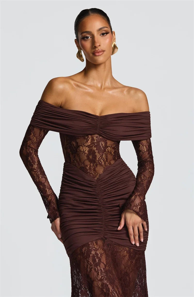 Celestine Sheer Strapless Maxi Dress Coffee Brown 5