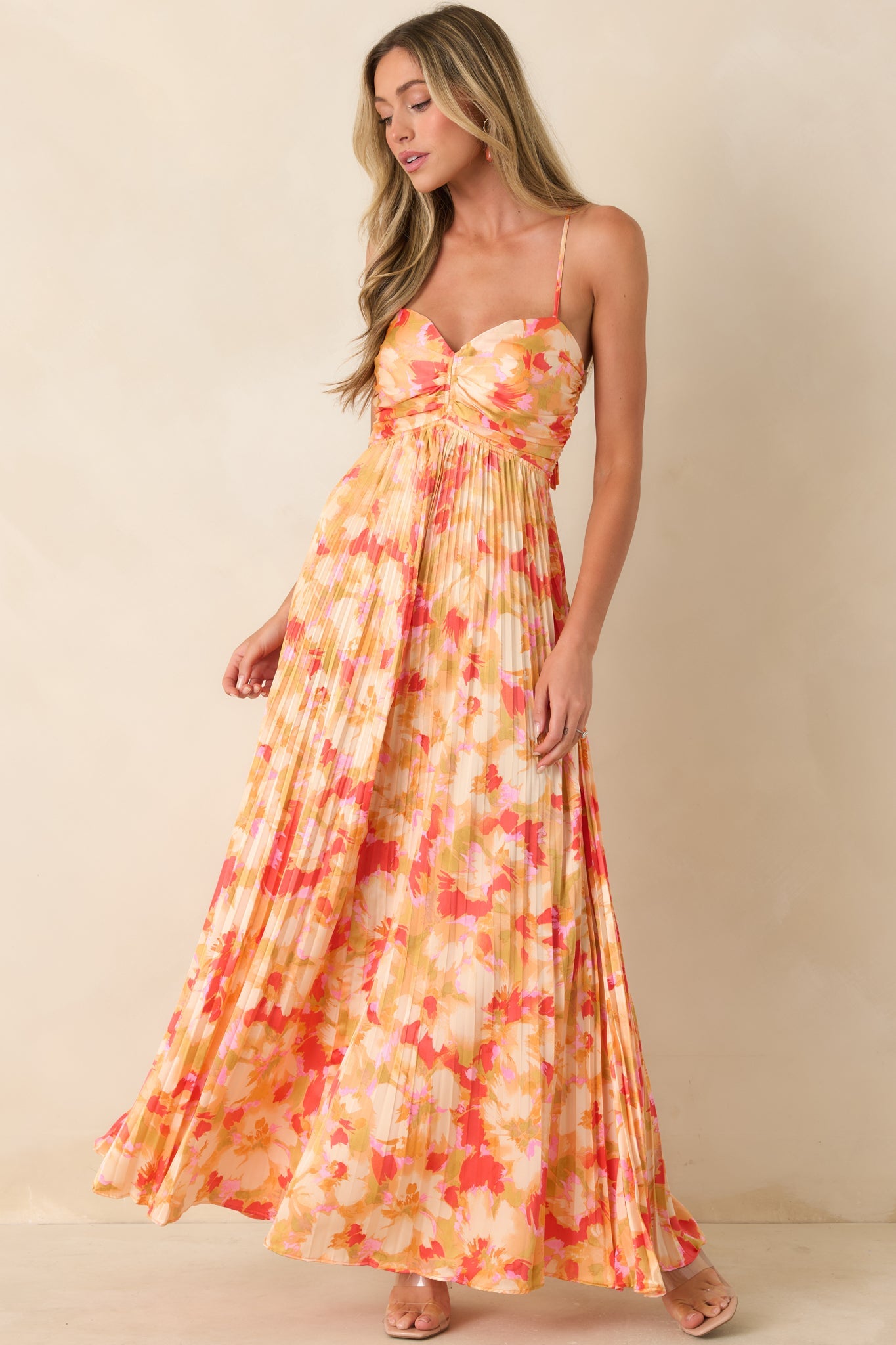 Arabella Painted Satin Maxi Dress Sunshine Peach & Red Multi Satin Finish Pleated Maxi Dress 4