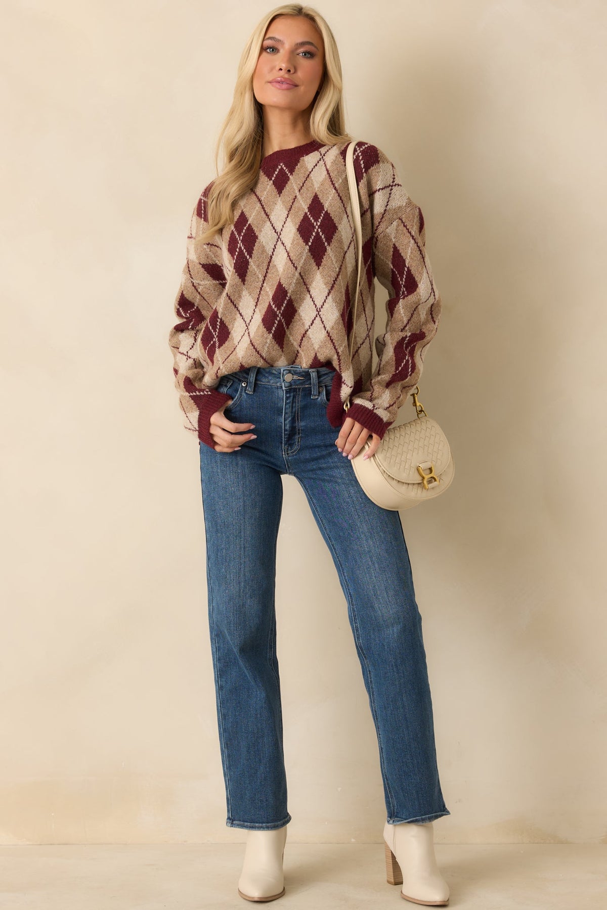 Margot Knit Sweater in Burgundy Argyle Multi 4