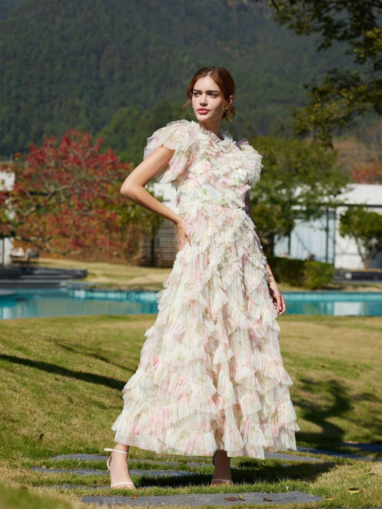 Evangeline Floral Tulle Bridesmaid Dress Apricot 1