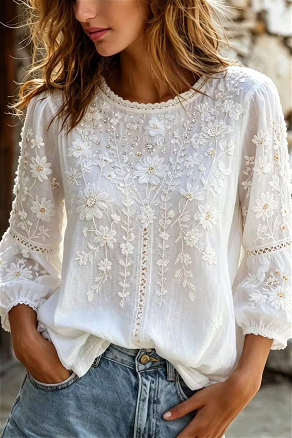 Dahlia White Embroidered Puff Blouse White 1