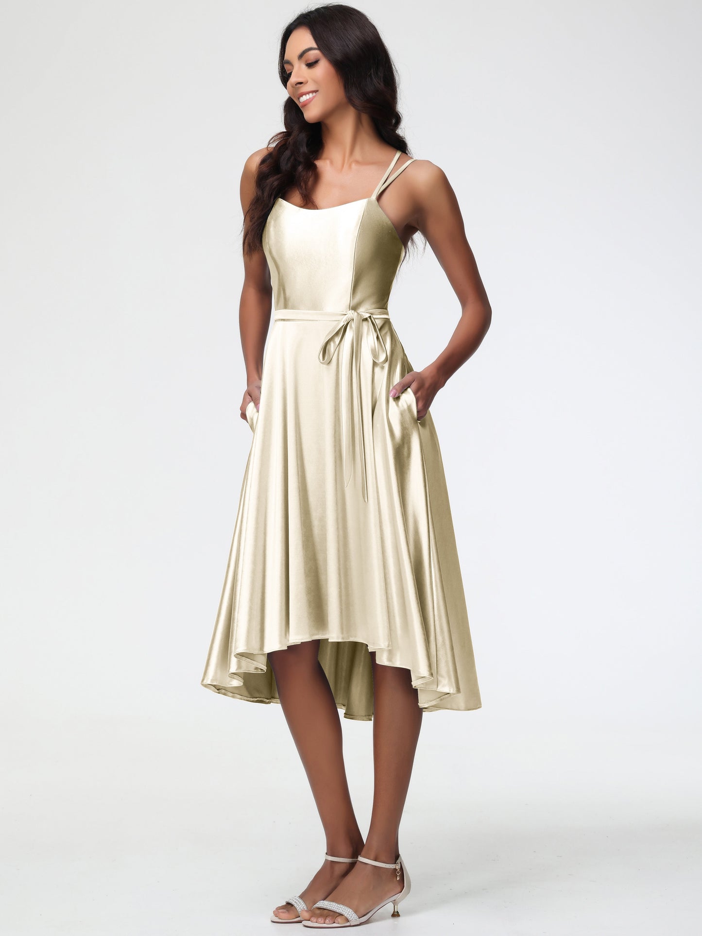Celeste Satin High-Low Bridesmaid Dress Champagne 1