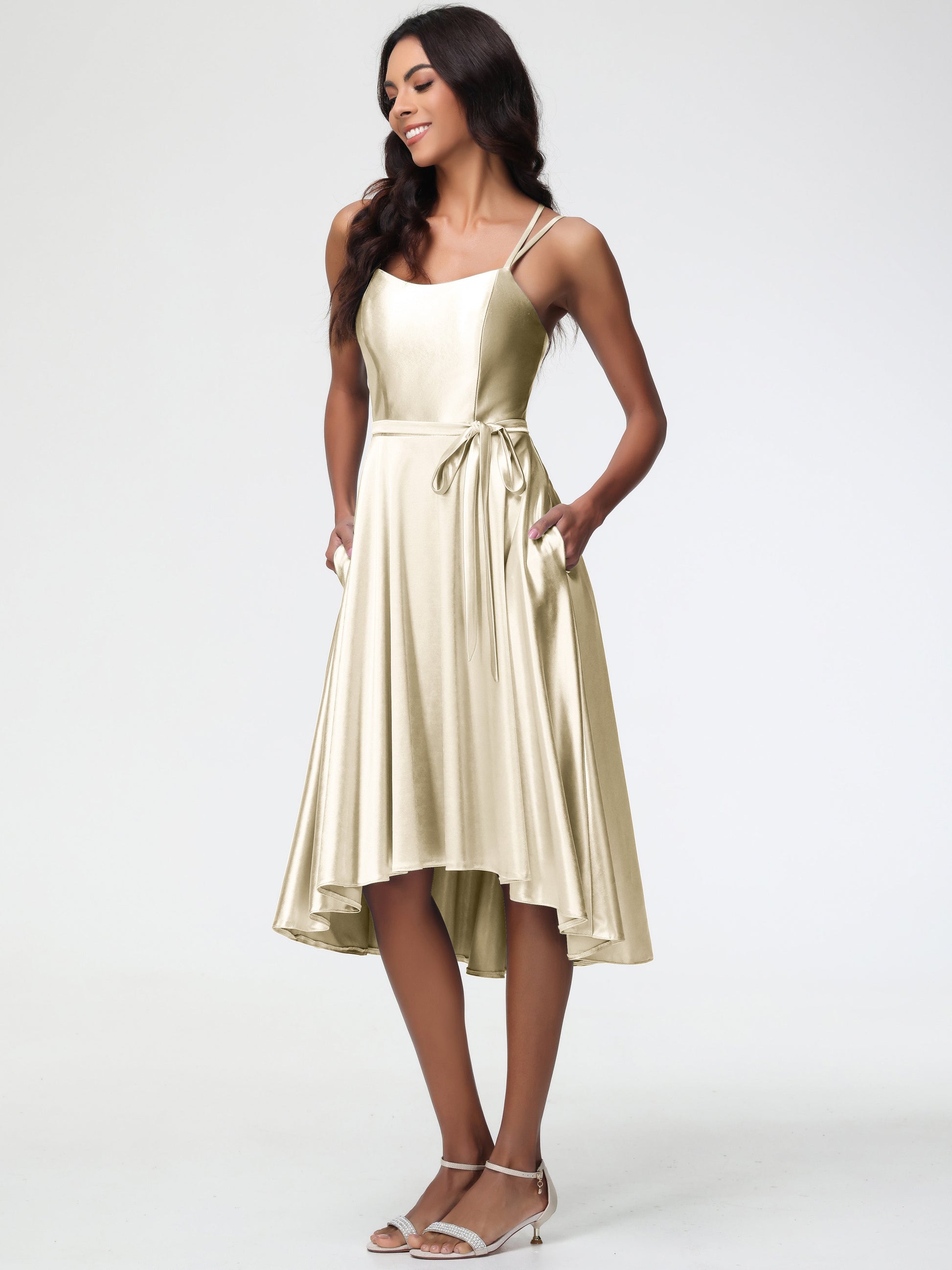 Celeste Satin High-Low Bridesmaid Dress Champagne 1