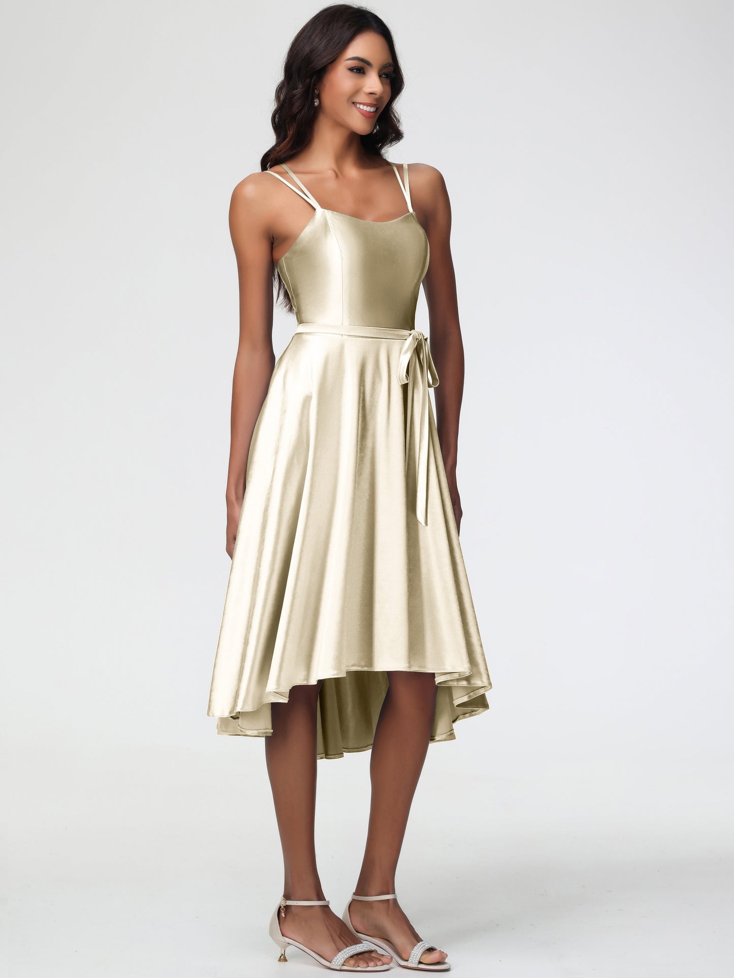 Celeste Satin High-Low Bridesmaid Dress Champagne 2