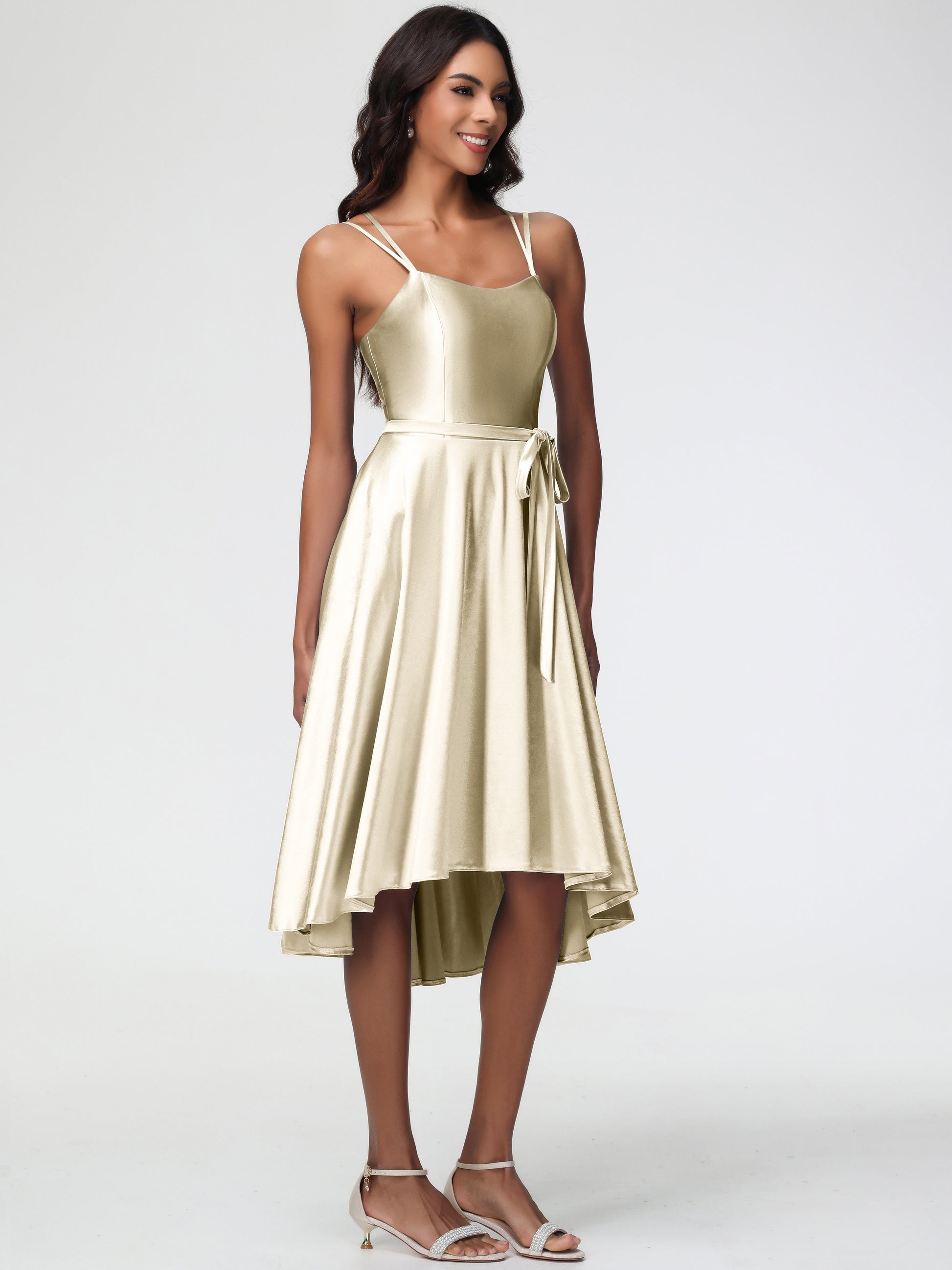 Celeste Satin High-Low Bridesmaid Dress Champagne 2