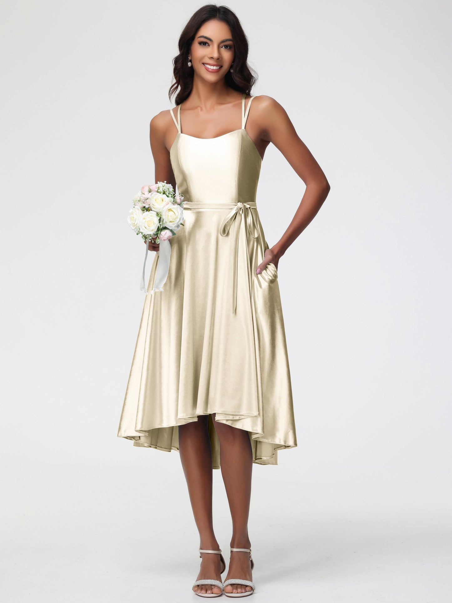 Celeste Satin High-Low Bridesmaid Dress Champagne 3