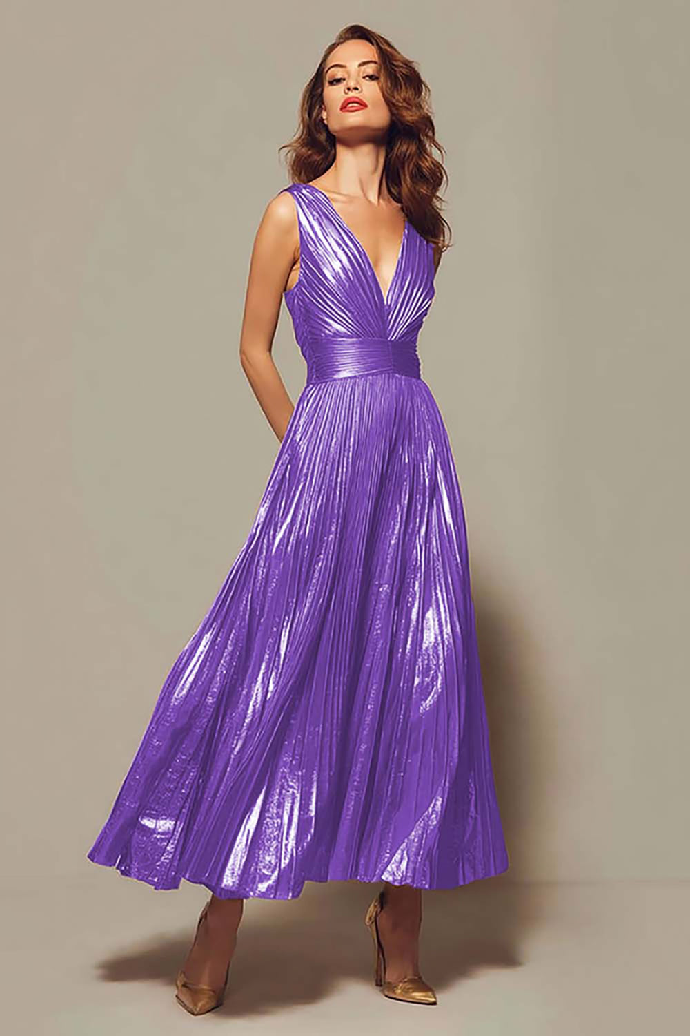 Valentina Gold Metallic Pleated Gown Brown 10