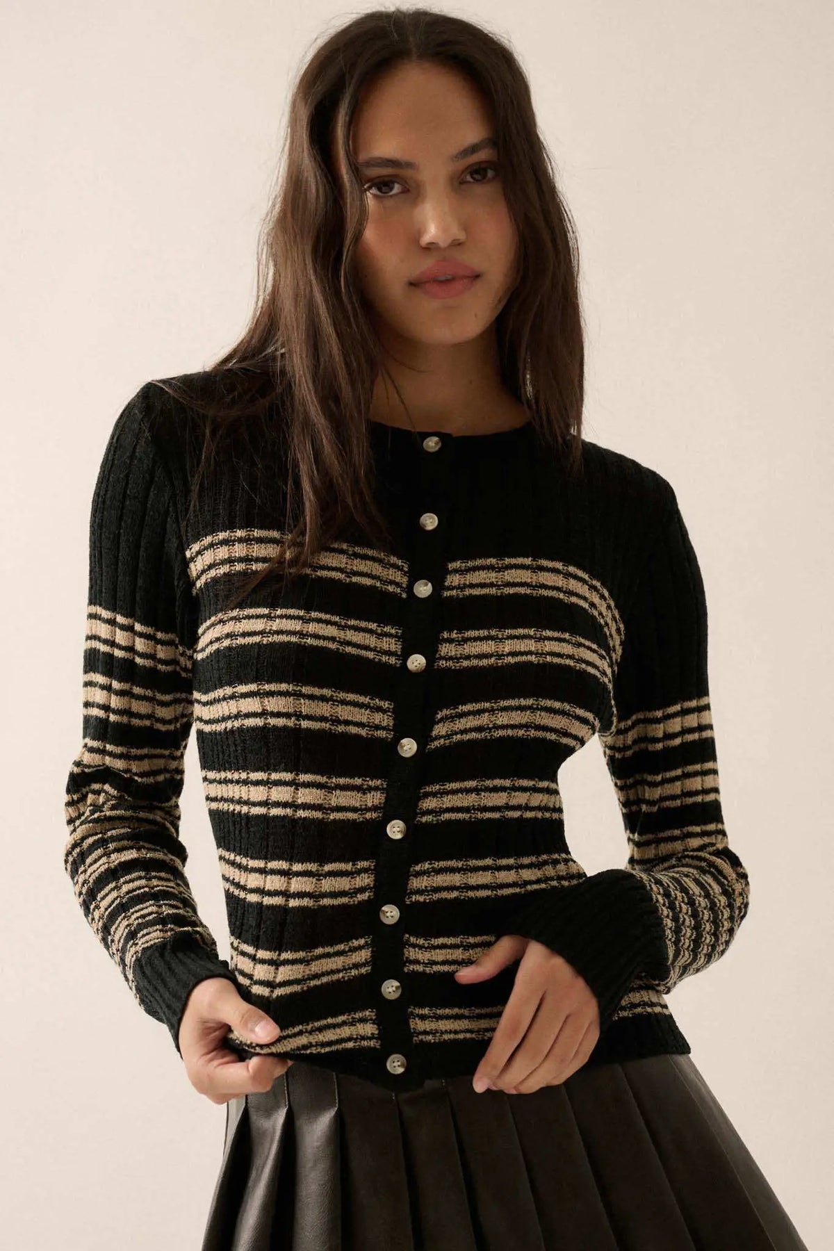 Margot Striped Ribbed Cardigan Coconut Milk 5