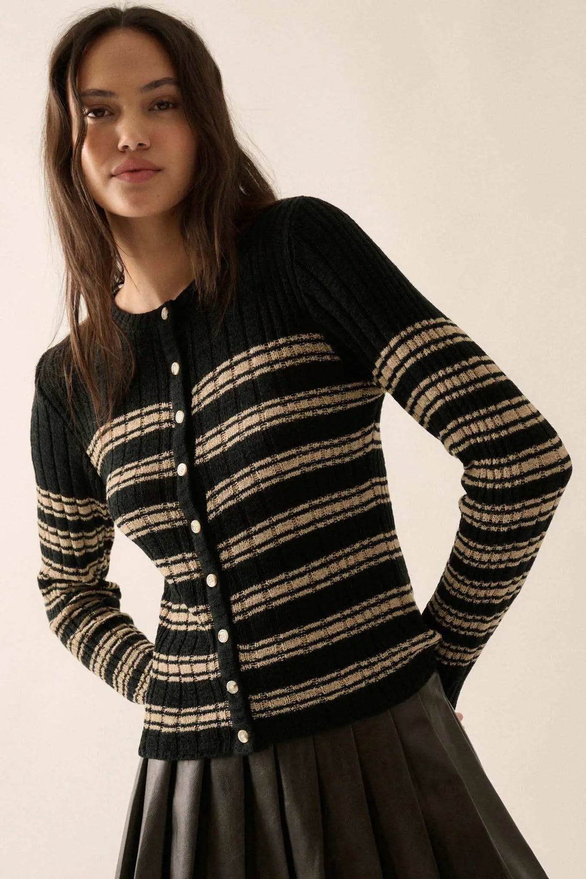 Margot Striped Ribbed Cardigan Black 1