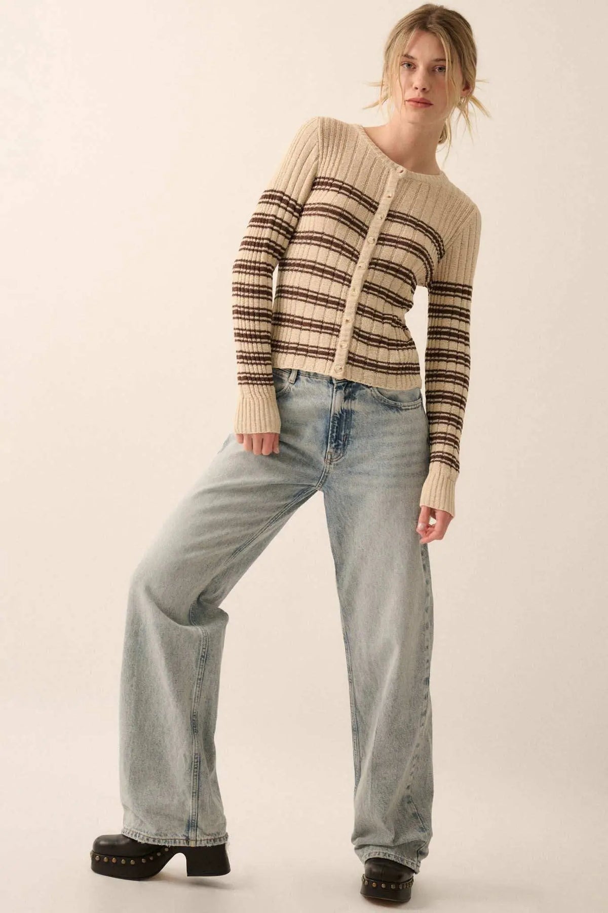 Margot Striped Ribbed Cardigan Coconut Milk 9