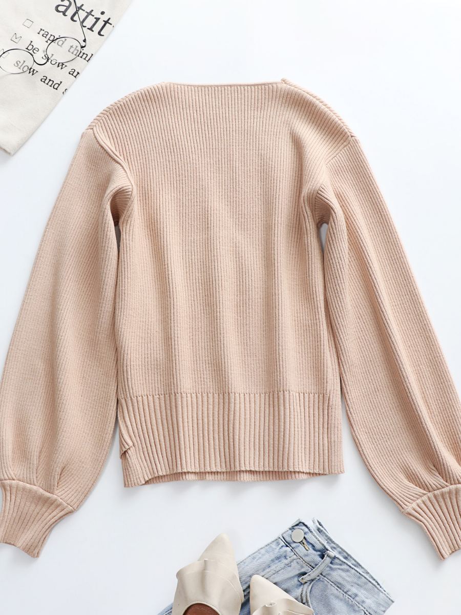 Margot Wrap Knit Top with Lantern Sleeves Beige 2