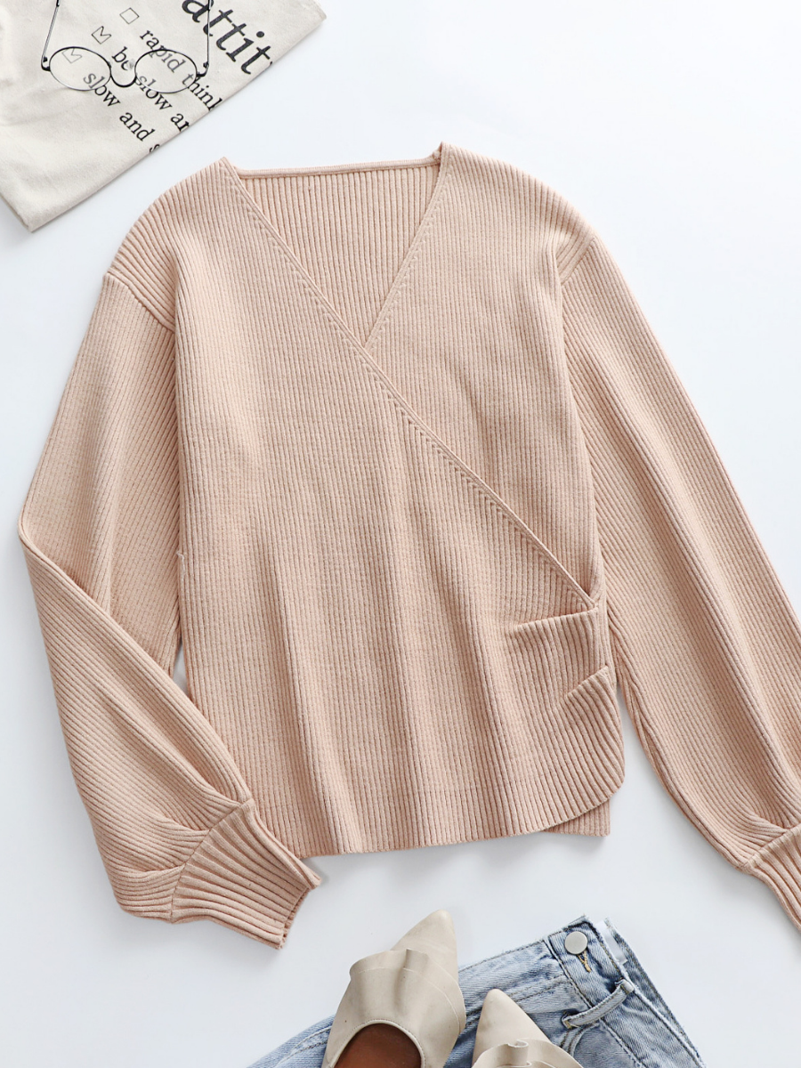 Margot Wrap Knit Top with Lantern Sleeves Beige 1