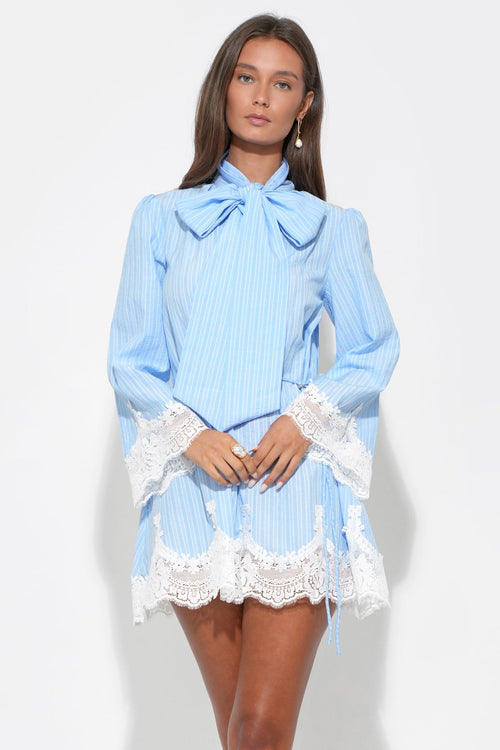 Isabelle Tie-Neck Striped Lace Mini Dress LIGHT BLUE/WHITE 1