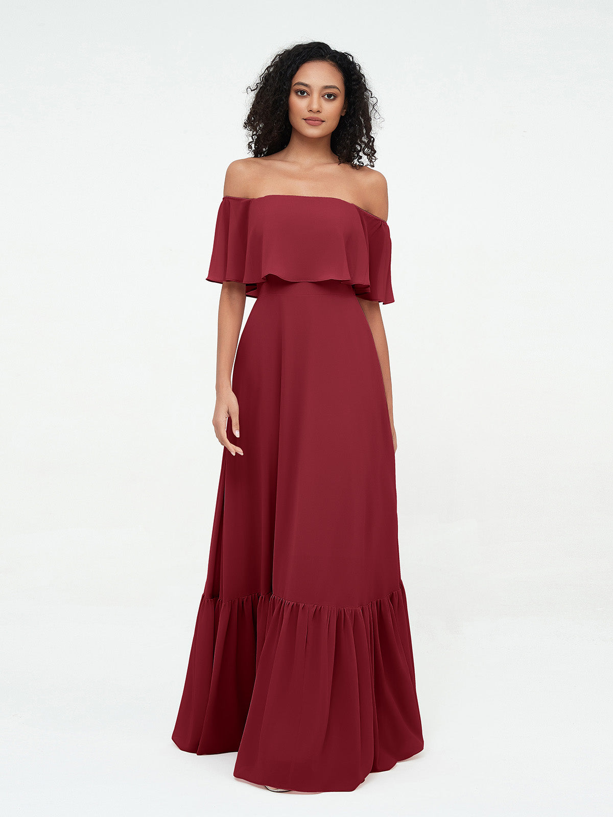 Azalea Chiffon Off-Shoulder Gown Burgundy 1
