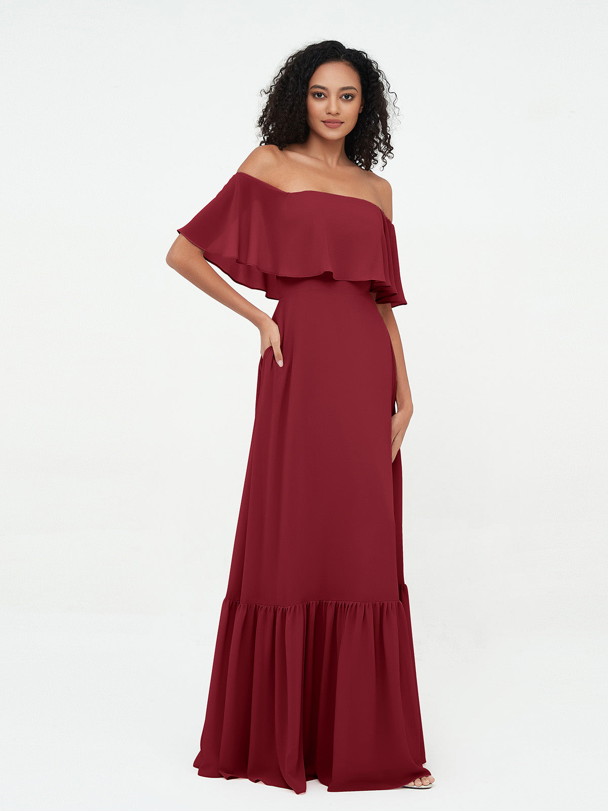 Azalea Chiffon Off-Shoulder Gown Burgundy 4