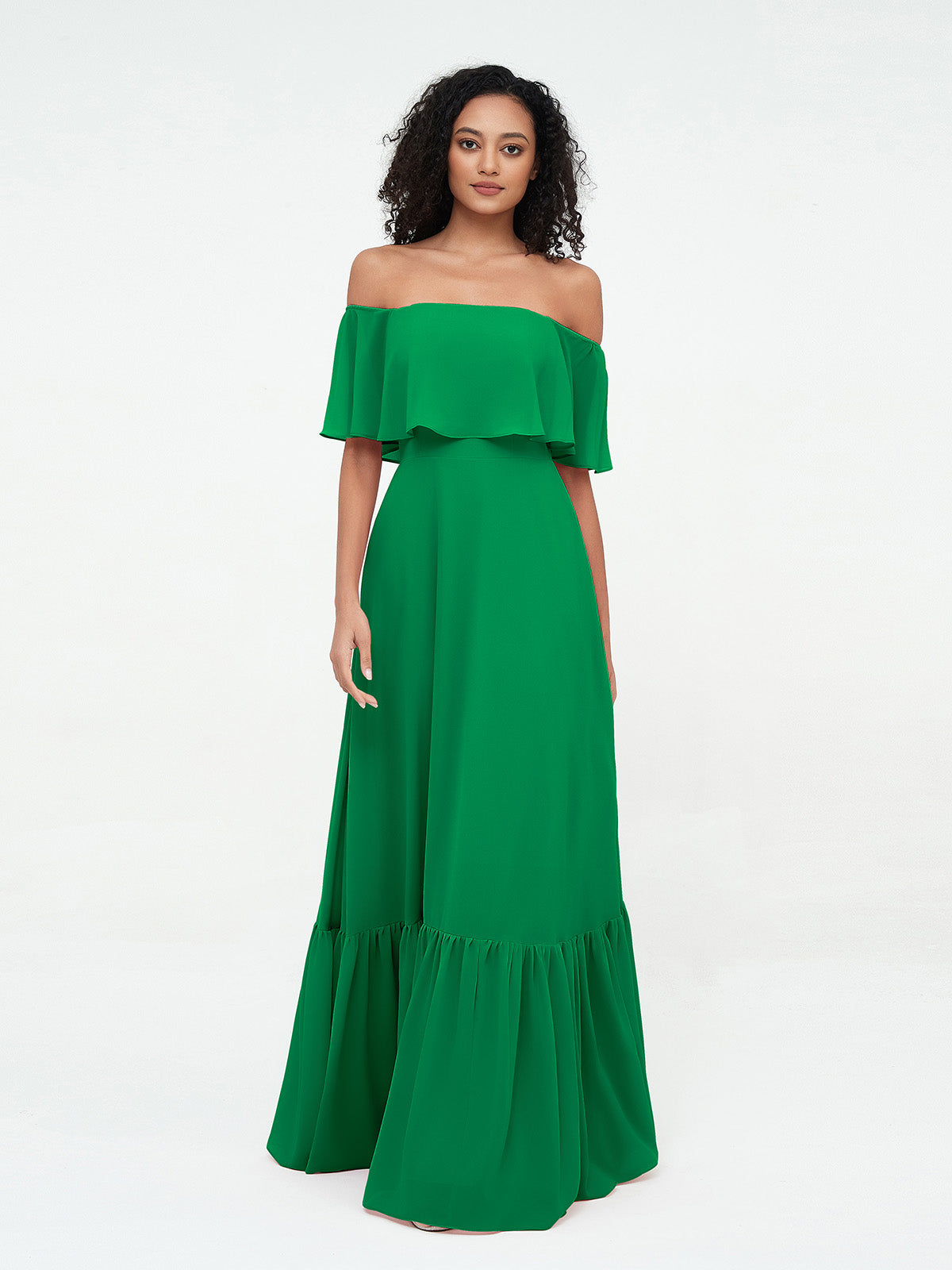 Azalea Chiffon Off-Shoulder Gown Emerald 1