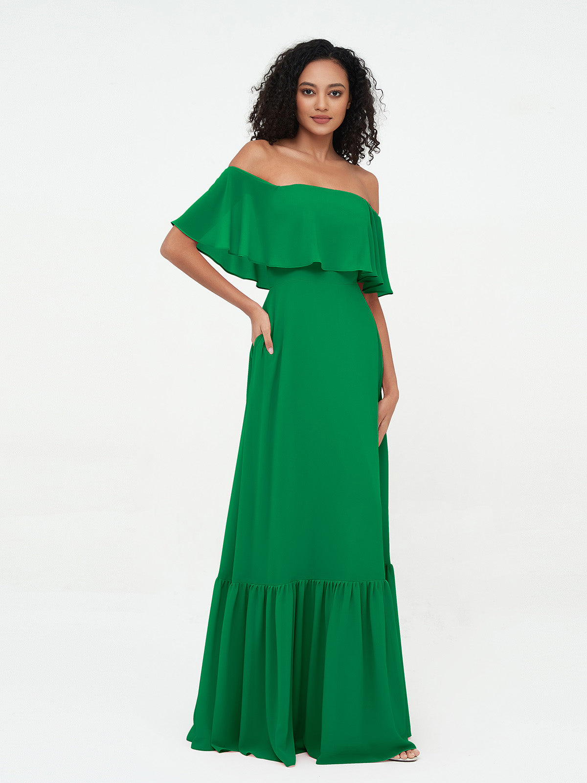 Azalea Chiffon Off-Shoulder Gown Emerald 4