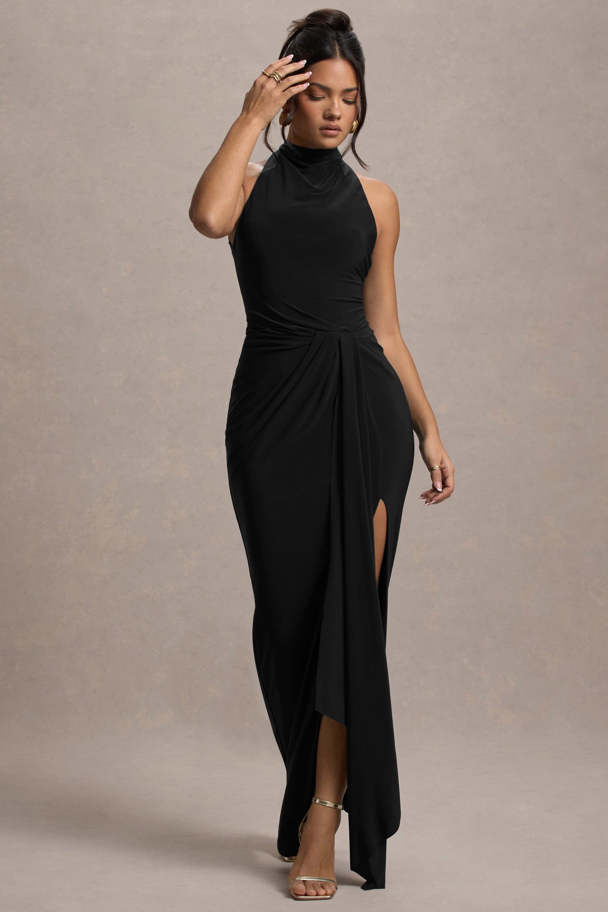 Khari Twisted Maxi Dress in Black Neck Twisted Maxi Dress With Drape 4