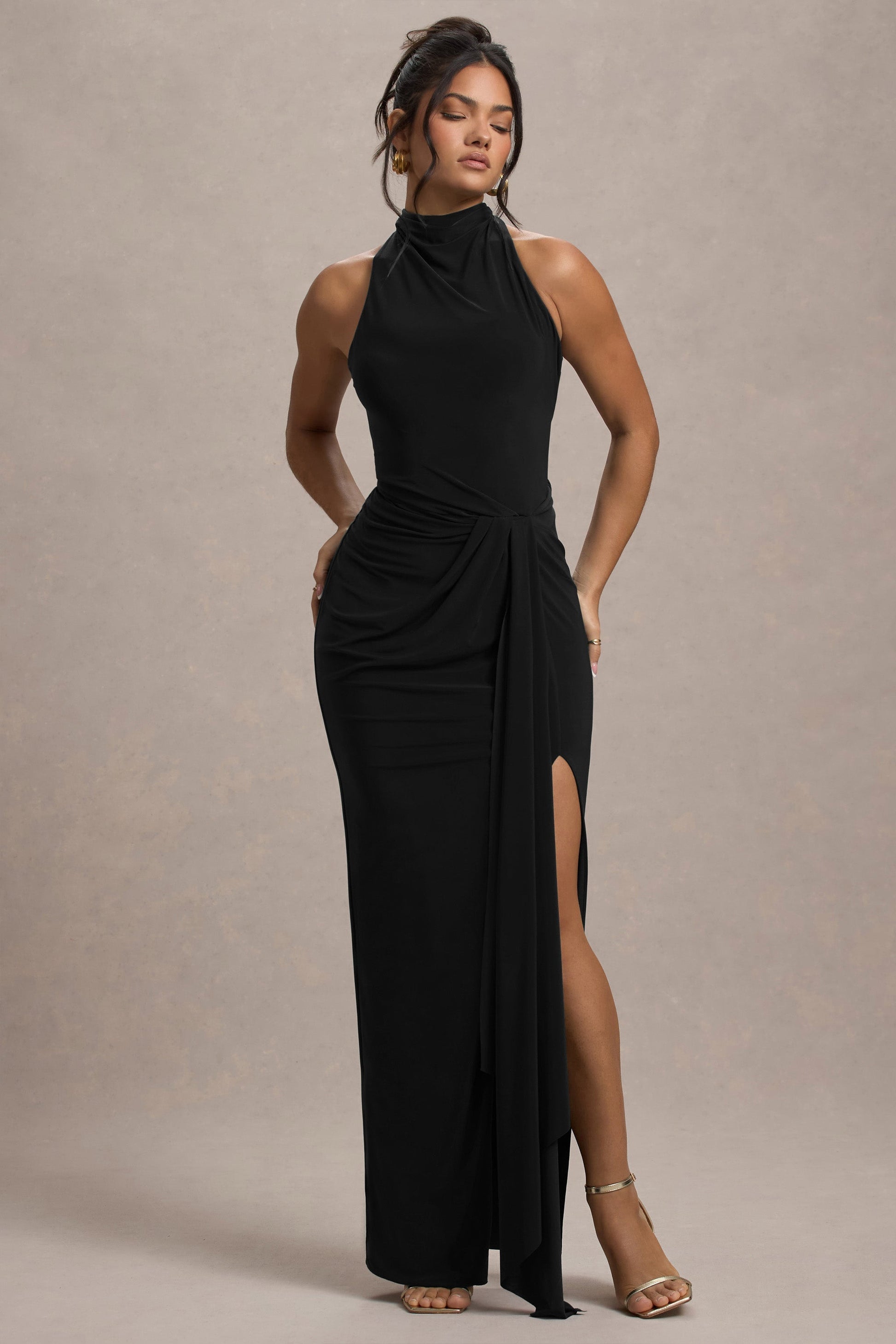 Khari Twisted Maxi Dress in Black Neck Twisted Maxi Dress With Drape 1