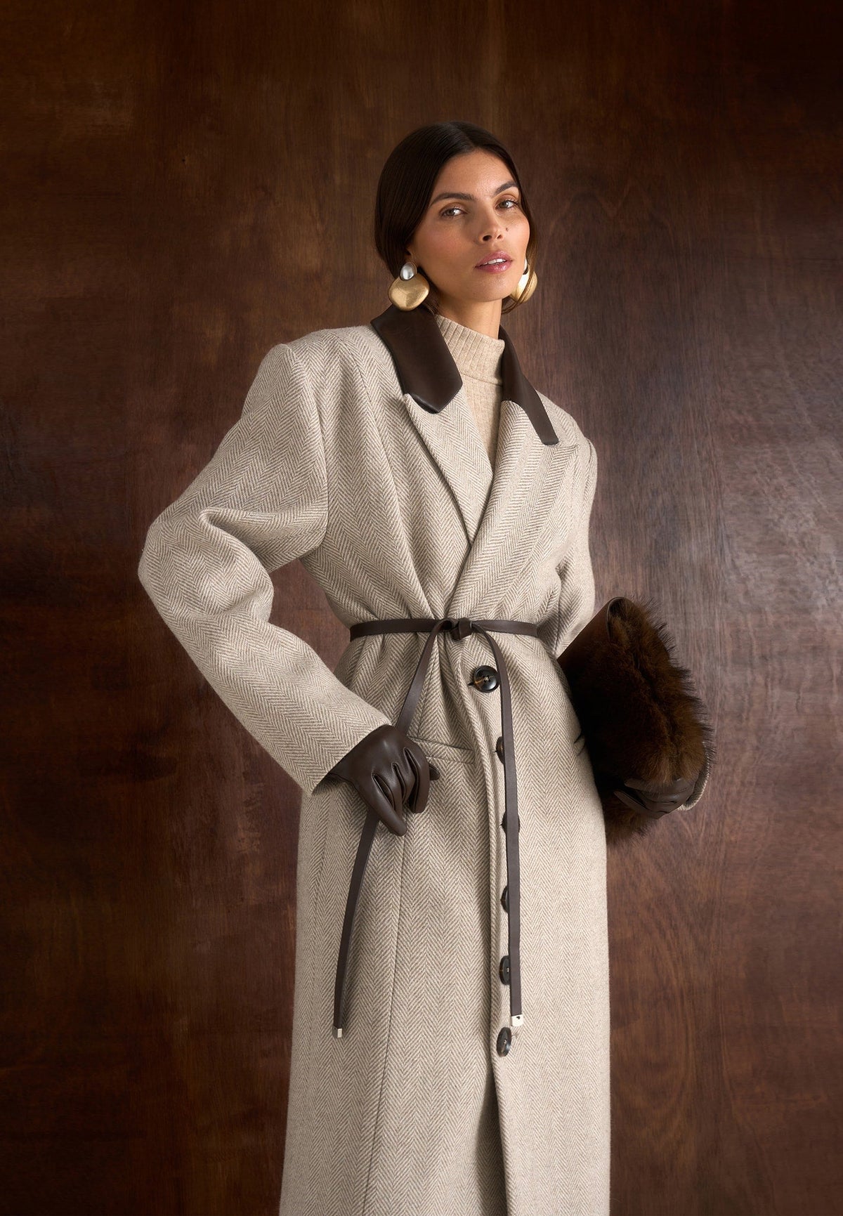 Anissa Herringbone Wool Coat Beige 3
